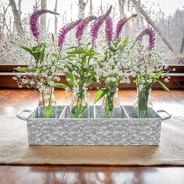 Give your home a farmhouse look with this rustic galvanized metal storage tray which looks perfect as a table centerpiece